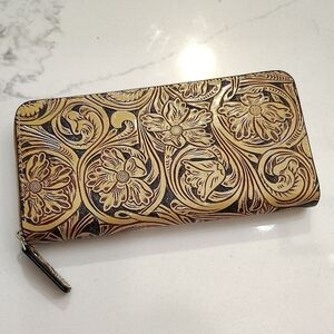 Floral Embossed Zip Around Wallet Tan Dark Brown Background Multiple Card Slots